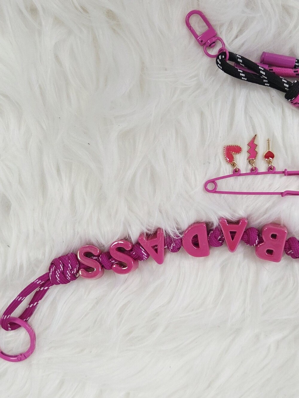 4pc Pink 'BADASS' Purse Bag Charm Keychain and Strap Set - Picture 4 of 8
